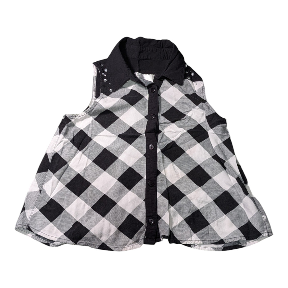Justice Sleeveless White and Black Plaid Shirt Size 10 Gemstones On Shoulder